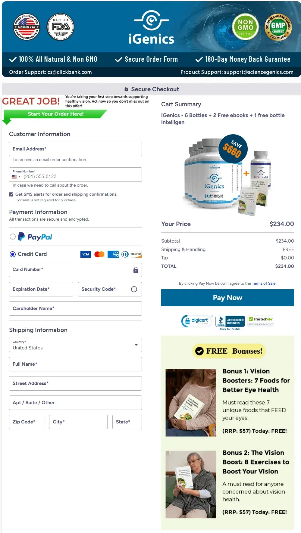 iGenics secure checkout page for placing your order